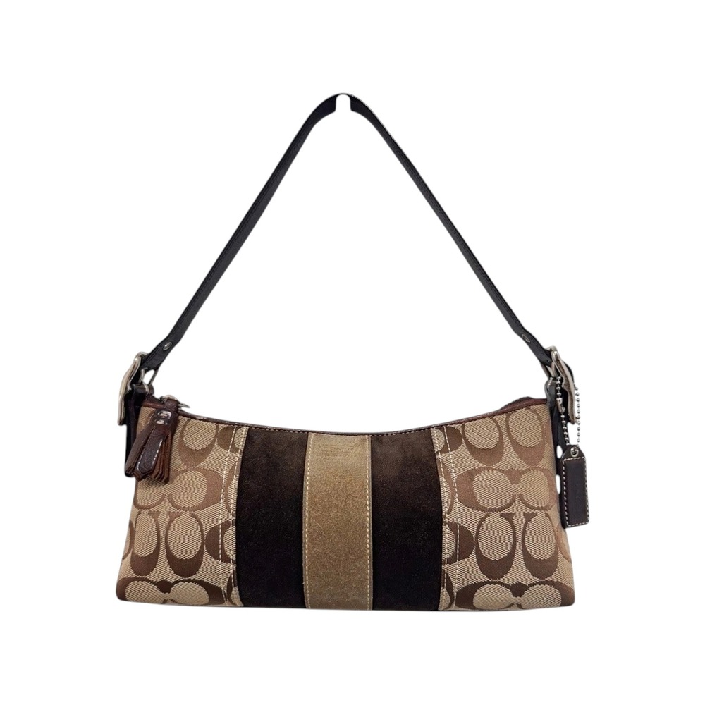 Coach Hamptons Suede‎ Stripe Demi Baguette Khaki Brown Canvas 8K09